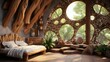 Forest Retreat: Rustic Bedroom with Natural Wood and Plush Comfort Rustic bedroom interior, circular windows, forest view, natural wood design, plush bedding, serene ambiance, potted plants