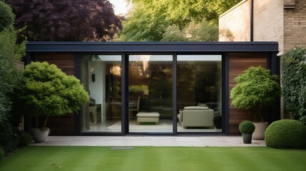 Home façade with sliding glass doors