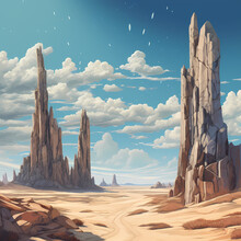 Surreal Desert Landscape With Towering Rock Spires.
