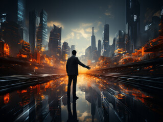 Poster - Businessmen handshake, future city background, merging reality and graphics concept. Generative AI
