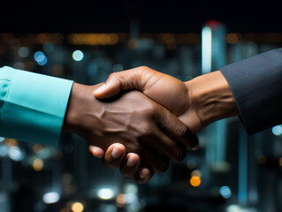 Poster - Businessmen handshake with digital city background, technology and partnership. Generative AI