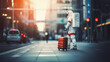 Astronaut with red suitcase strolling in city evening lights. Urban space journey concept. Generative AI