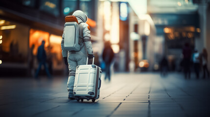 Wall Mural - Astronaut with white suitcase walking in city shopping area at dusk. Urban exploration concept. Generative AI