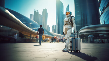 Sticker - Astronaut with suitcase amidst cityscape, people and skyscrapers. Future travel inspiration. Generative AI