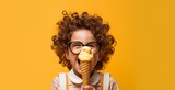 Fototapeta  - Funny child with glasses licking and eating an ice cream cone on isolated yellow studio background.
