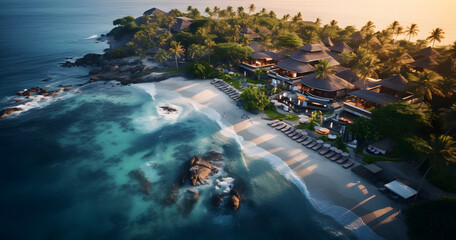 aerial view of luxury hotel and resort at sea beach in tropical sea at sunset with beautiful colors.