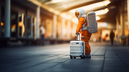 Wall Mural - Astronaut in orange suit with suitcase on pedestrian city street. Urban travel concept. Generative AI