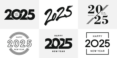 Aufkleber - Big Set of 2025 Happy New Year logo text design. 2025 number design template. Collection of 2025 Happy New Year symbols. Vector illustration with black labels isolated on white background.