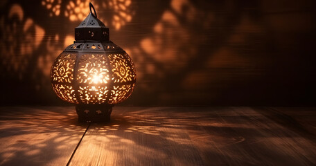 Wall Mural - Arabian lantern on wooden floor. Eid lamp or lantern for Ramadan and other Islamic Muslim holidays, with copy space for text