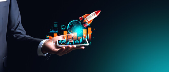 Poster - Man hand with phone, stock market graph with rocket. Ai generative illustration