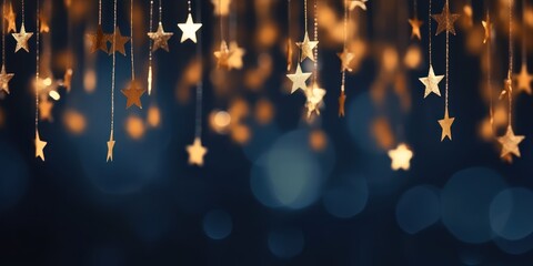 Wall Mural - Abstract background with gold stars garland on Dark blue and gold particle. New year, Christmas background, bokeh