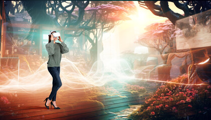 Wall Mural - Woman in vr glasses, virtual world and forest. Ai generative illustration