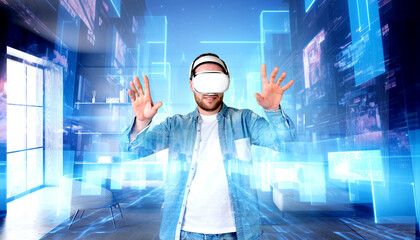 Wall Mural - Man in vr glasses in virtual world, neon hologram. Ai generative illustration