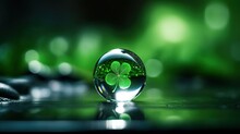 Glass Globe With Four-leaf Clover On Green Bokeh Background