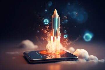 Canvas Print - Mobile business startup concept, with space rocket coming out from mobile phone