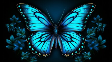 vibrant blue butterfly on dark background - elegant insect wing design, wildlife illustration for wa