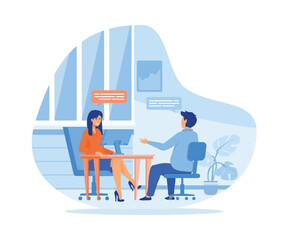 Poster - Job interview. Man talking to a young woman with laptop. flat vector modern illustration 