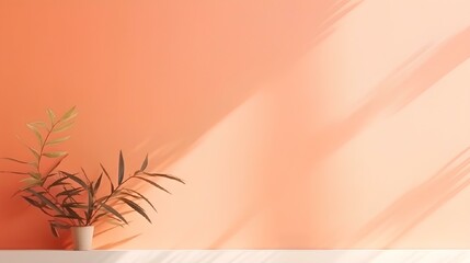 Poster - A blurred shadow from plants or a shadow from a window on a peach wall. Minimal abstract background for product presentation.