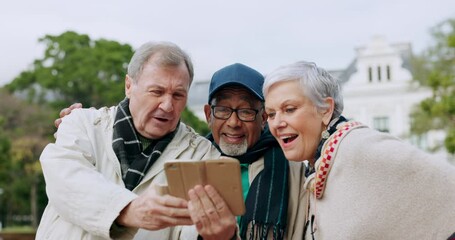 Wall Mural - Happy, selfie and senior friends in parks for social media, support and freedom. Retirement, smile and post with mature people and picture in nature for community, relax and happiness together