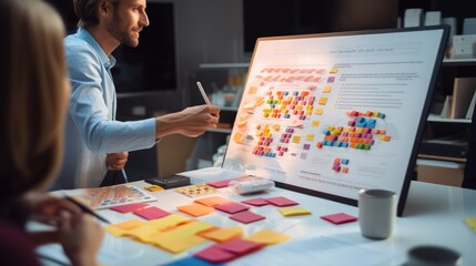 Poster - Business people, Business analysis on a whiteboard with sticky notes. Generative AI.