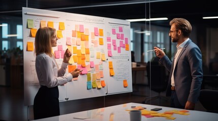 Poster - Business people, Business analysis on a whiteboard with sticky notes. Generative AI.