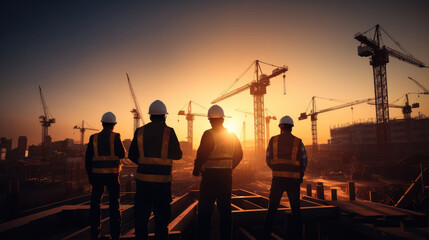 Engineers looking for blueprints in construction sites through construction sites at sunset. Generative AI.