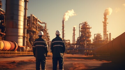 Aufkleber - Teamwork, Group of industrial workers in a refinery, Oil processing equipment and machinery. Generative AI.