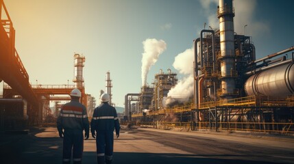 Aufkleber - Teamwork, Group of industrial workers in a refinery, Oil processing equipment and machinery. Generative AI.