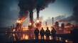 Group of engineers wearing safety stands looking at a large industrial factory background with chimneys and smoke. Generative AI.