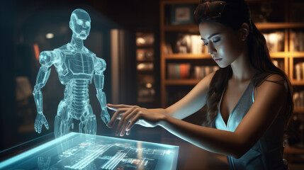 Wall Mural - Asian woman working on with a Humanoid robot on a Large transparent futuristic virtual hologram multi-touch screen with white text and graphs on it. Generative AI.