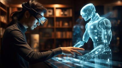 Aufkleber - Asian woman working on with a Humanoid robot on a Large transparent futuristic virtual hologram multi-touch screen with white text and graphs on it. Generative AI.