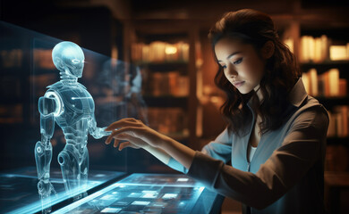 Wall Mural - Asian woman working on with a Humanoid robot on a Large transparent futuristic virtual hologram multi-touch screen with white text and graphs on it. Generative AI.