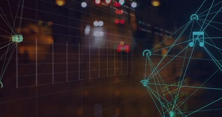 Poster - Animation of data processing and network of connections with icons over cars on street