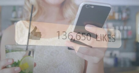 Poster - Animation of like icon with growing number over caucasian woman using smartphone
