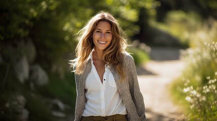 Canvas Print - a casually dressed delightful woman walking along a walking trail in spring. generative AI. 