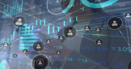 Poster - Animation of financial data processing over caucasian businesswoman using smartphone in office