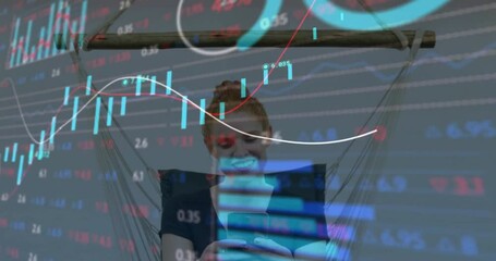 Poster - Animation of financial data processing over caucasian businesswoman using smartphone in office