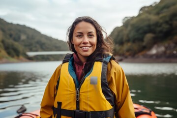 Wall Mural - Portrait of a smiling woman in a yellow life jacket on the background of the river.