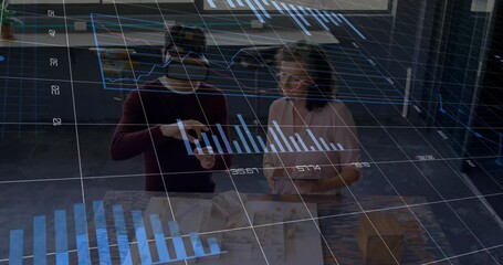 Poster - Animation of financial data processing over diverse business people in office