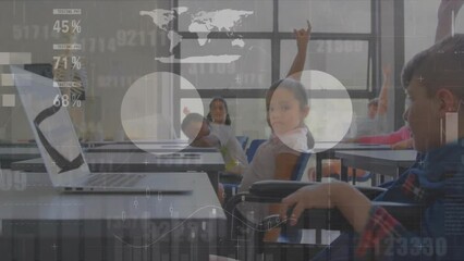 Poster - animation of financial data processing over diverse schoolchildren in classroom