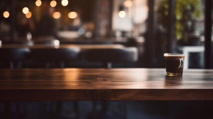 Empty wooden table and coffee shop blur background with bokeh image.