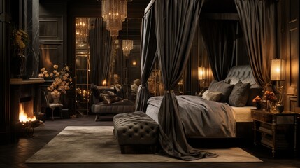 Wall Mural - Luxurious bedroom with rich textures and a canopy bed centerpiece