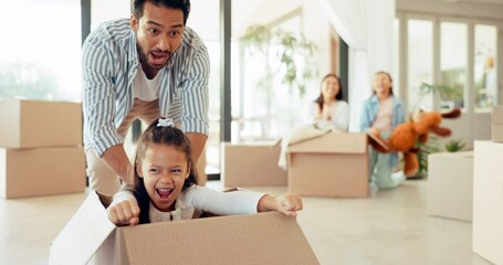 Poster - Happy, box and playing with family in new house for moving, property and games. Mortgage, real estate and love with parents and children in living room at home for celebration, happiness and excited