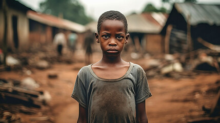 Wall Mural - close-up of a poor hungry orphan boy in a refugee camp with a sad expression, his face and clothes are dirty and his eyes are full of pain.