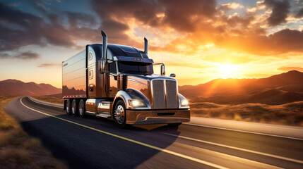 A semi-truck with a cargo trailer drives along the highway, transporting cargo in the evening. Delivery and logistics concept. Transportation of goods over long distances.