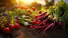 Fresh Vegetables, Peas, Radish, Tomato, Carrot, Beetroot On Ground On Farm At Sunset. Generative AI