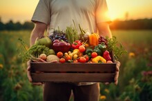 Human Holding Wooden Box Of Different Vegetables On Field In Sunset. Generative AI