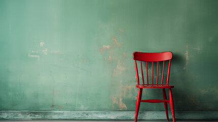 Wall Mural - Interior with a single red vintage chair on green old dirty wall background