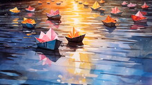 Watercolor Background Capturing The Whimsy Of Paper Boats Sailing In A Puddle After The Rain.