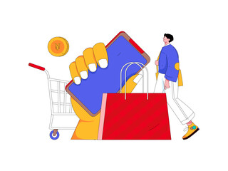 Holiday shopping people doing e-commerce online shopping flat vector concept operation hand drawn illustration
